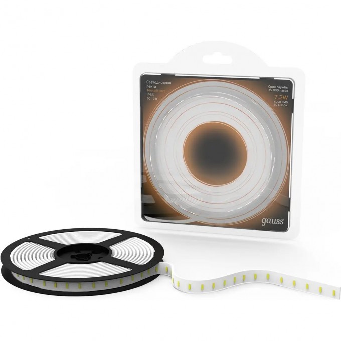 Лента GAUSS LED 5050/30-SMD 7.2W 12V DC теплый белый IP66 (блистер 5м) 311000107